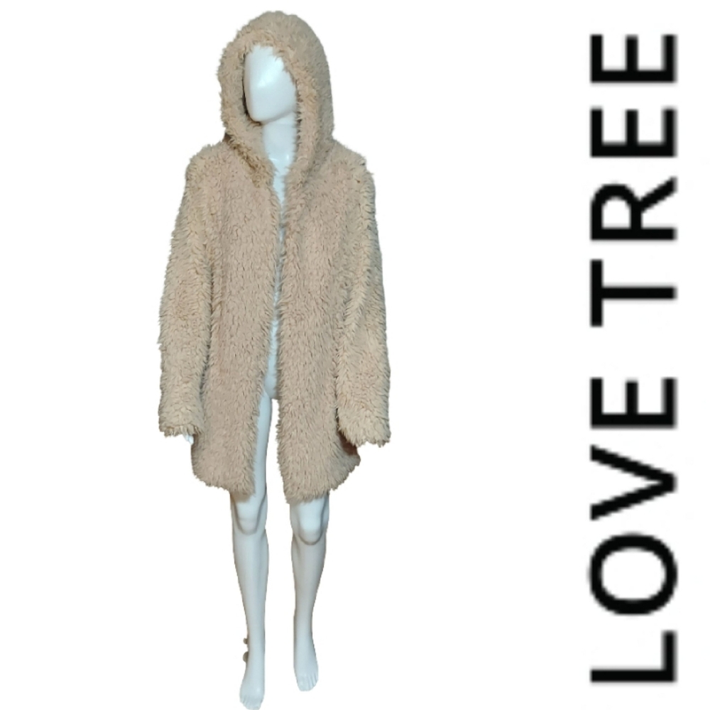 Love Tree Plush Hooded Teddy Jacket in Beige